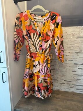 LOFT Floral Print Tie-Waist Midi Dress in Multi-Color- PETITE LARGE